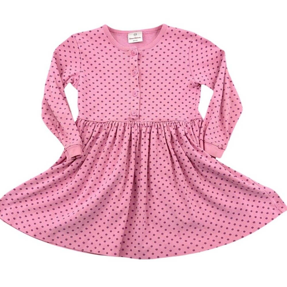 Girls 120‎ Polka Dot Long Sleeve Knit Dress Pink Cotton Ribbed Hanna Andersson